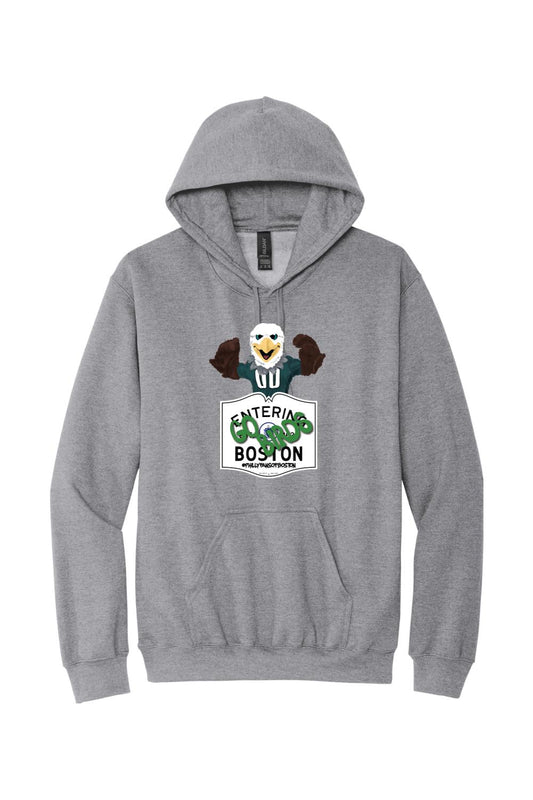 Sport grey cotton-blend hoodie featuring a Swoops eagle mascot graphic and Entering Boston sign design.