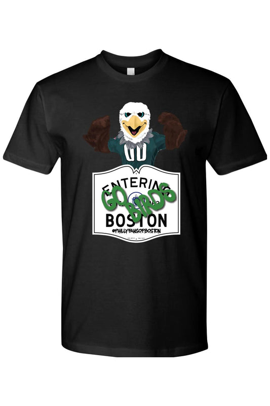 Black cotton t-shirt featuring an eagle mascot graphic above an Entering Boston sign with Go Birds text.