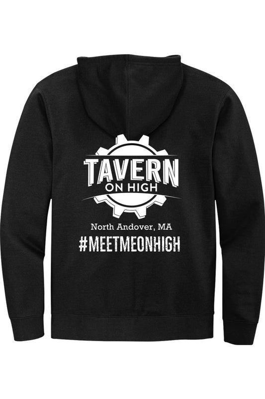 Black full-zip hoodie with white Tavern on High gear logo and hashtag print on the back.