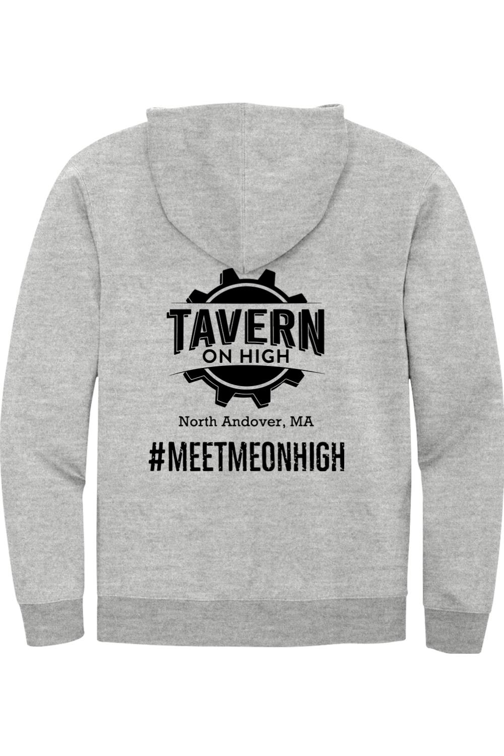 Grey full-zip hoodie featuring a black Tavern on High logo and #MEETMEONHIGH text on the back.