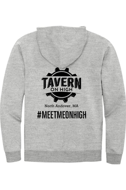 Grey full-zip hoodie featuring a black Tavern on High logo and #MEETMEONHIGH text on the back.