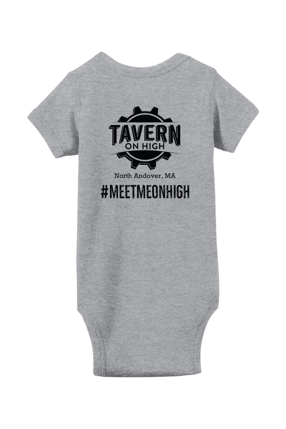 Grey infant bodysuit featuring a black Tavern on High gear logo and #MEETMEONHIGH text on the chest.