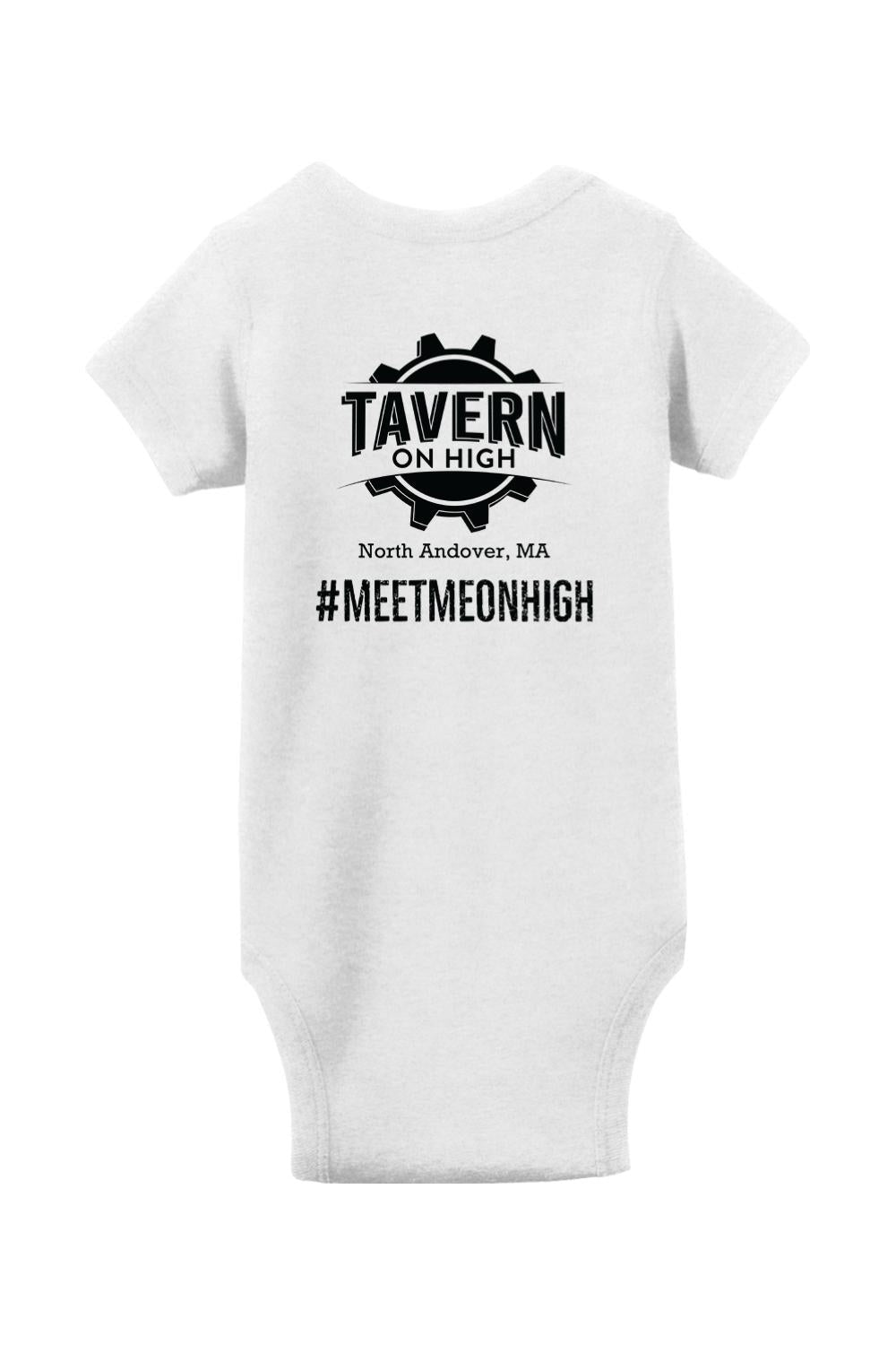 White infant bodysuit featuring a black Tavern on High gear logo and #MEETMEONHIGH text on the front.