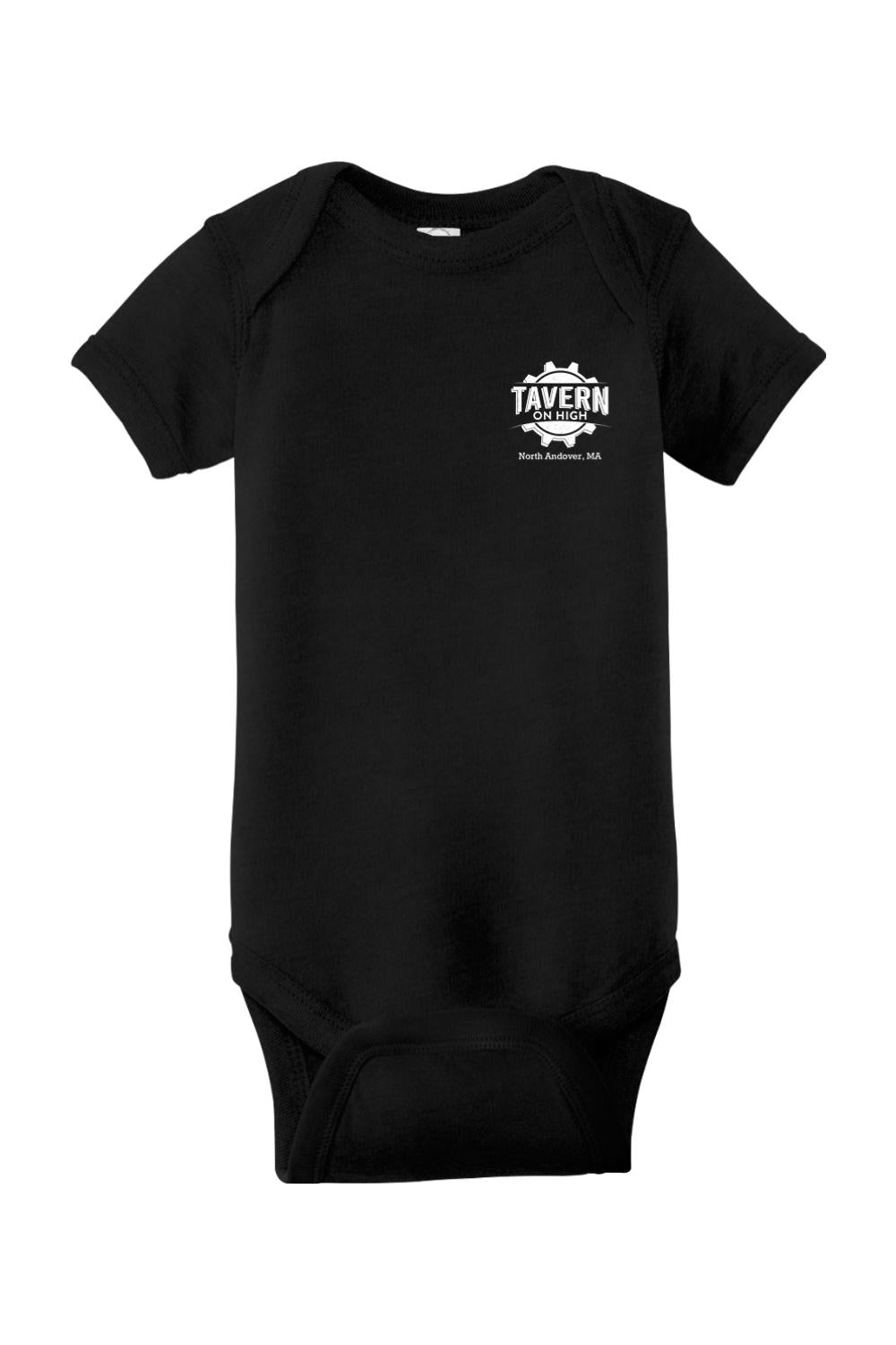 Black infant bodysuit featuring a white Tavern on High gear logo on the chest, made with soft, comfortable fabric.