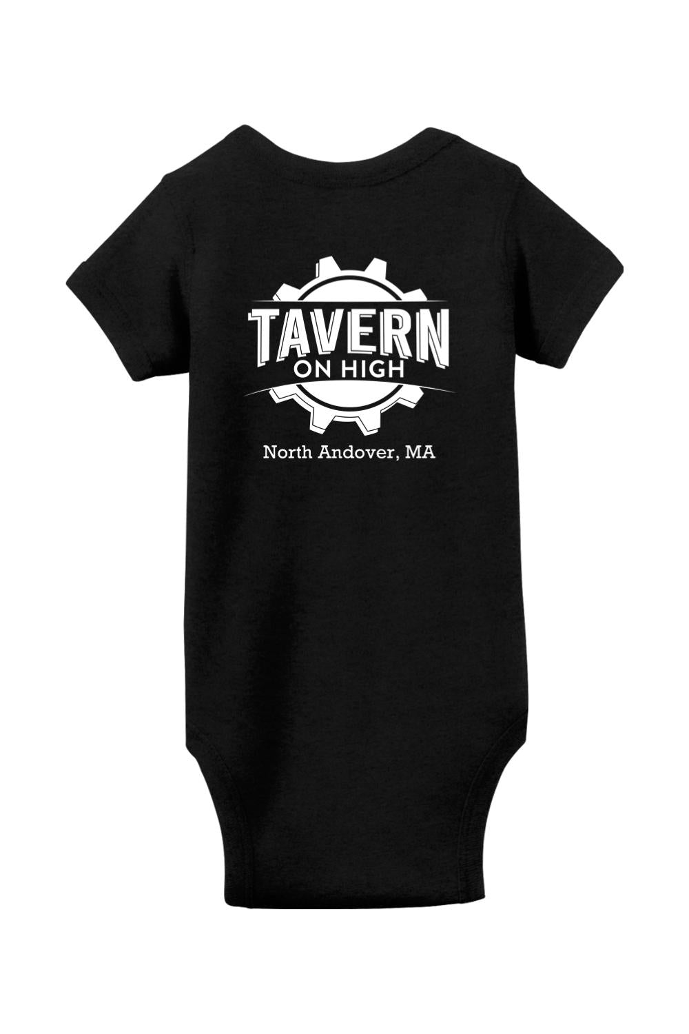 Black infant bodysuit with white Tavern on High gear logo and North Andover, MA text on the chest.