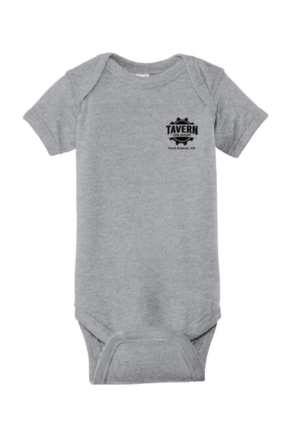 Grey short-sleeve infant bodysuit featuring a black Tavern on High North Andover, MA logo on the chest.