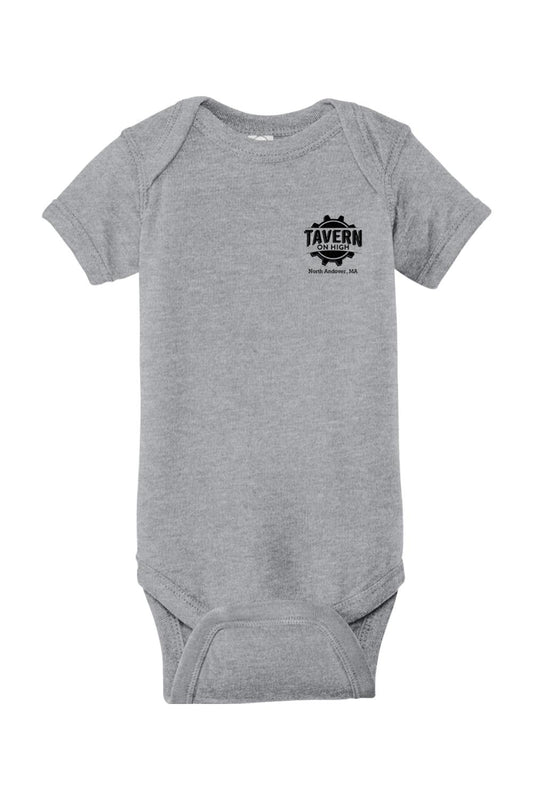Grey short-sleeve infant bodysuit featuring a black Tavern on High North Andover, MA logo on the chest.