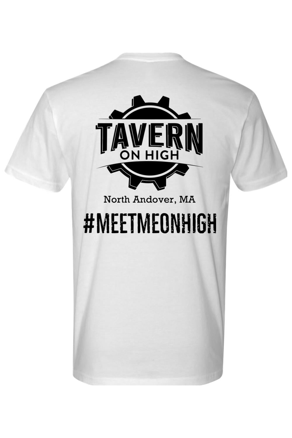White cotton crew neck t-shirt featuring a black Tavern on High gear logo and #MEETMEONHIGH text on the back.