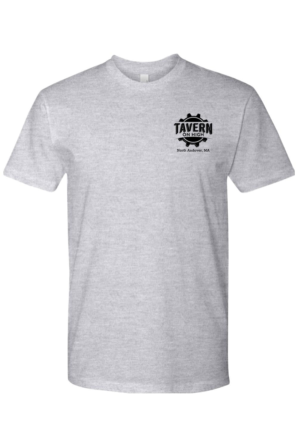 Grey cotton crew neck t-shirt featuring a black Tavern on High gear logo on the left chest.