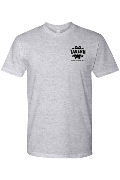 Grey cotton crew neck t-shirt featuring a black Tavern on High gear logo on the left chest.