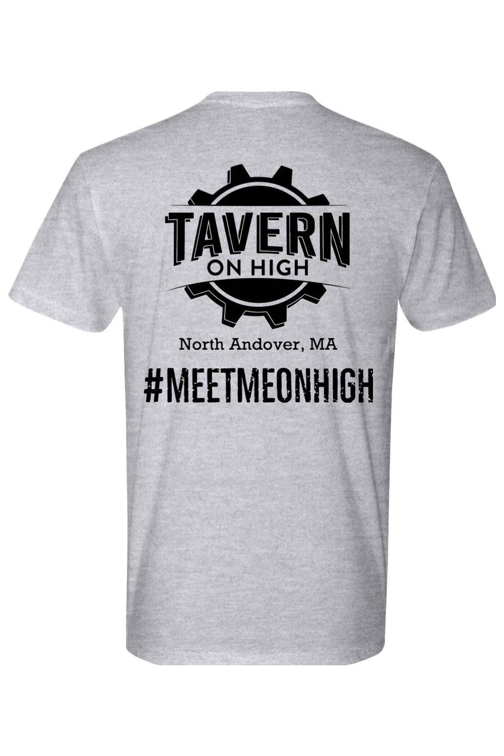 Grey cotton crew neck t-shirt featuring a black Tavern on High gear logo and #MEETMEONHIGH text on the back.