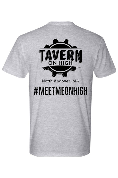 Grey cotton crew neck t-shirt featuring a black Tavern on High gear logo and #MEETMEONHIGH text on the back.