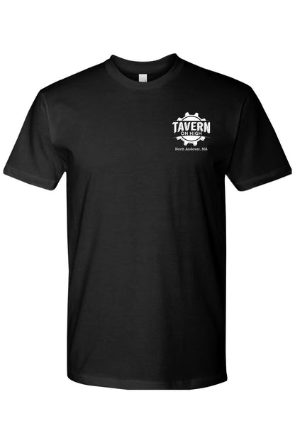 Black cotton crew neck t-shirt featuring a white Tavern on High gear logo on the left chest.
