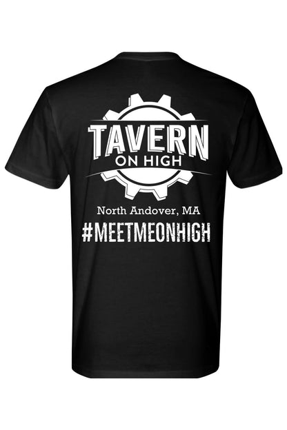 Black cotton crew neck t-shirt featuring a white Tavern on High gear logo and #MEETMEONHIGH text on the back.