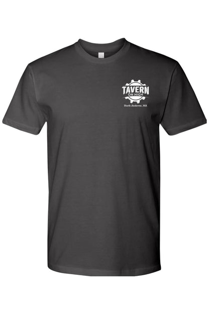 Charcoal grey cotton crew neck t-shirt featuring a white Tavern on High gear logo on the left chest.