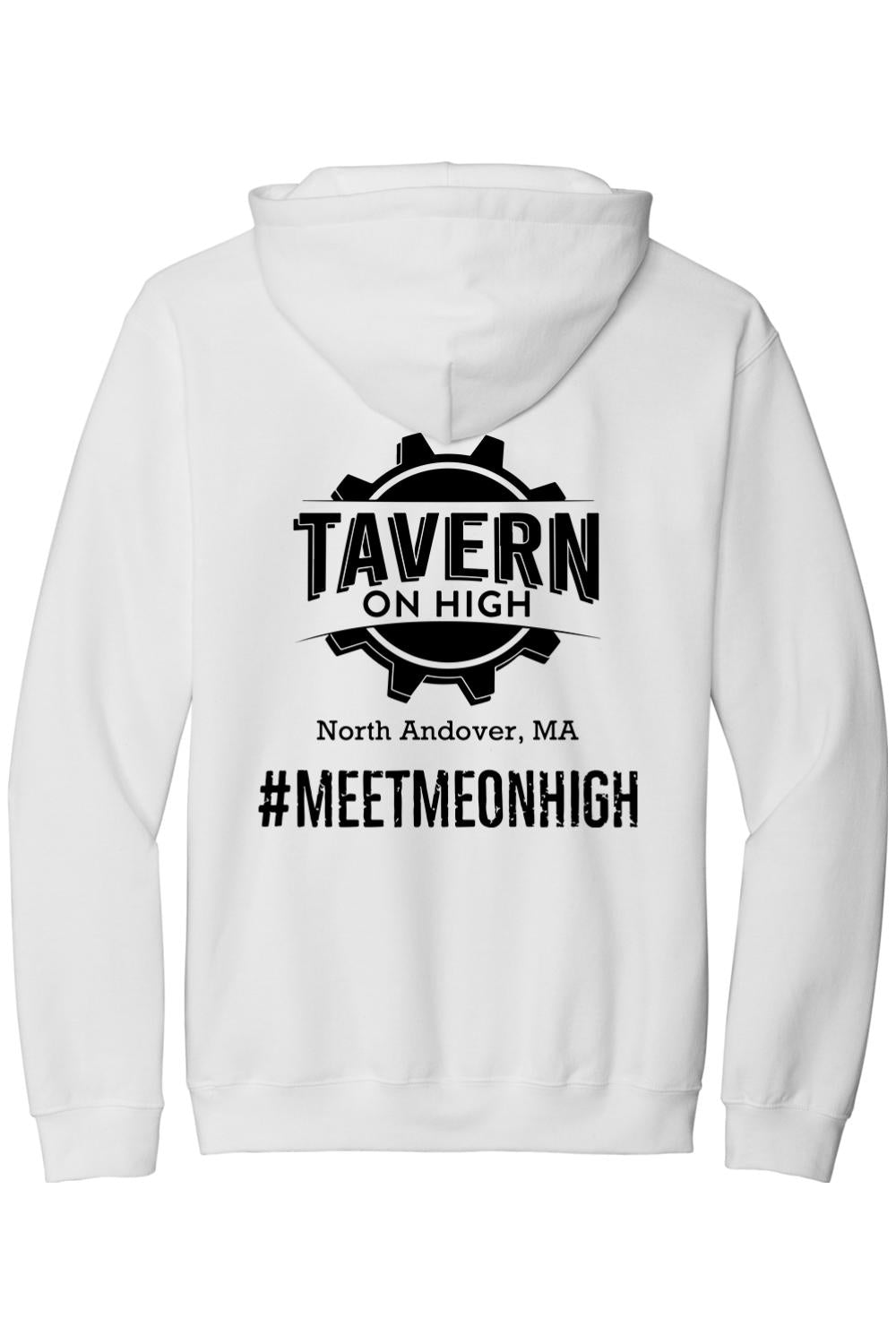 White unisex hooded sweatshirt featuring a black Tavern on High gear logo and hashtag on the back.