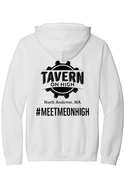 White unisex hooded sweatshirt featuring a black Tavern on High gear logo and hashtag on the back.