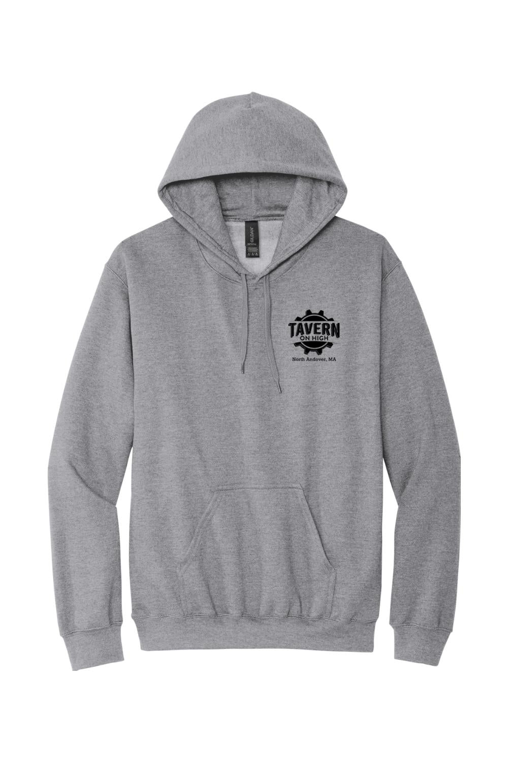 Sport grey unisex hooded sweatshirt with a black Tavern on High gear logo on the chest and a front pouch pocket.