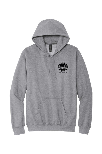 Sport grey unisex hooded sweatshirt with a black Tavern on High gear logo on the chest and a front pouch pocket.