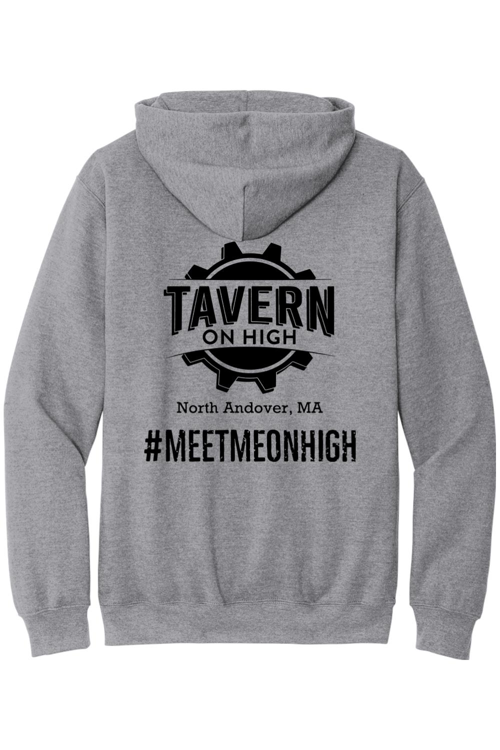 Sport grey hooded sweatshirt featuring a black Tavern on High gear logo and #MEETMEONHIGH text on the back.