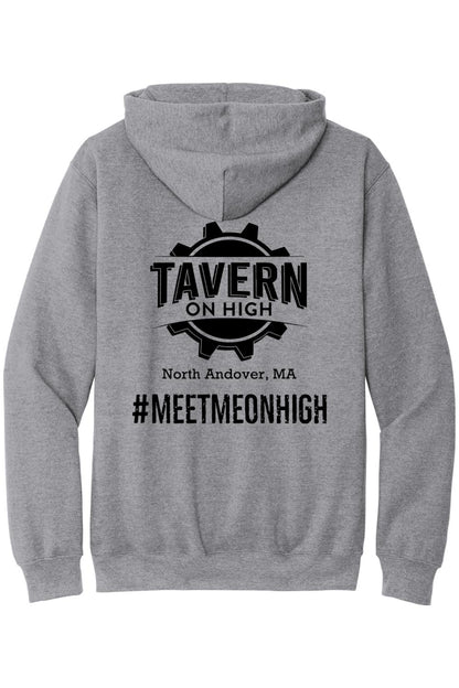 Sport grey hooded sweatshirt featuring a black Tavern on High gear logo and #MEETMEONHIGH text on the back.
