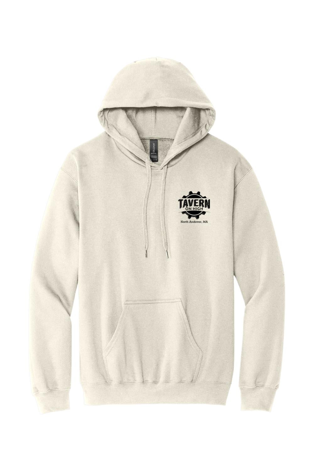 Light grey unisex hooded sweatshirt with a black Tavern on High logo on the chest and a front pouch pocket.