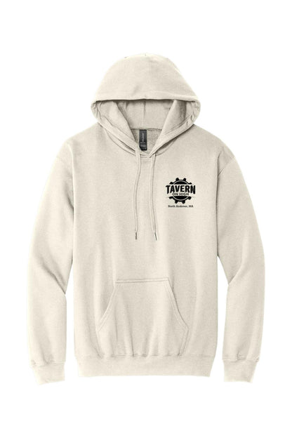 Light grey unisex hooded sweatshirt with a black Tavern on High logo on the chest and a front pouch pocket.