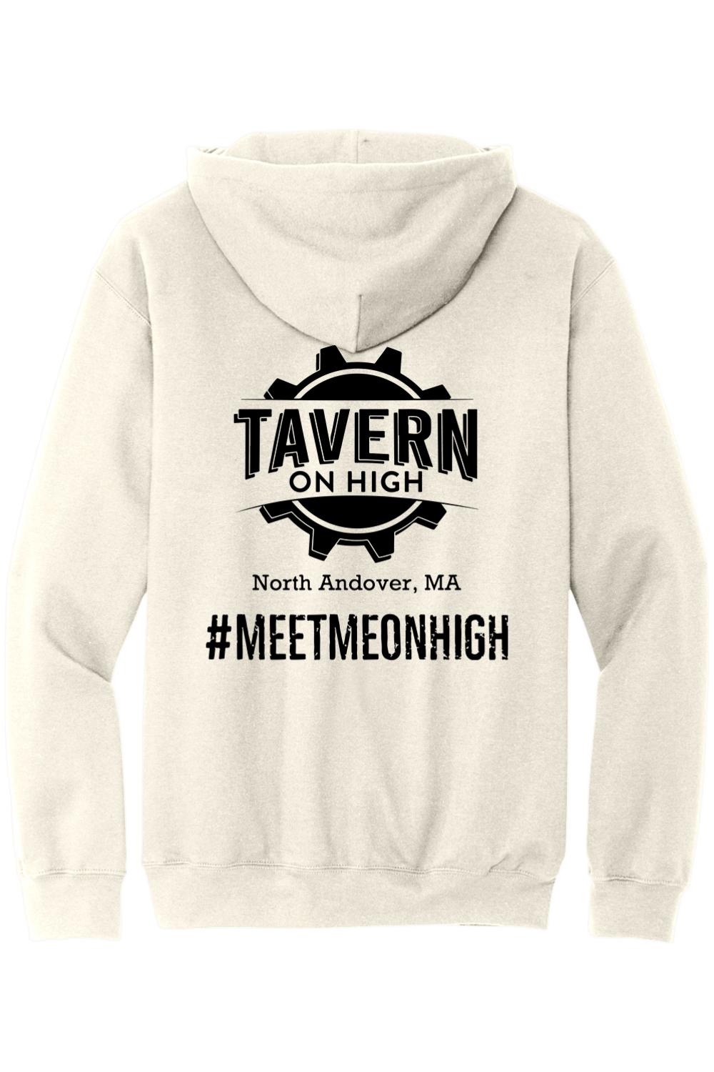 Light grey unisex hooded sweatshirt featuring a black Tavern on High gear logo and hashtag on the back.