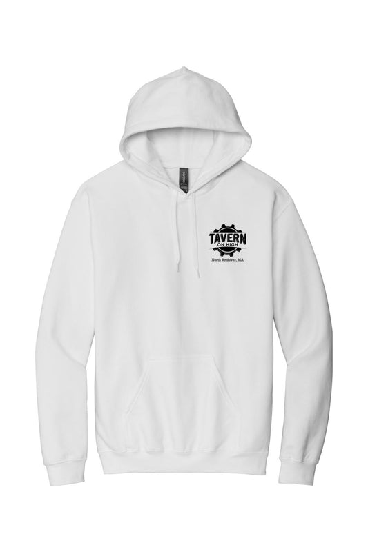 White unisex hooded sweatshirt featuring a black Tavern on High gear logo on the chest with a front kangaroo pocket.