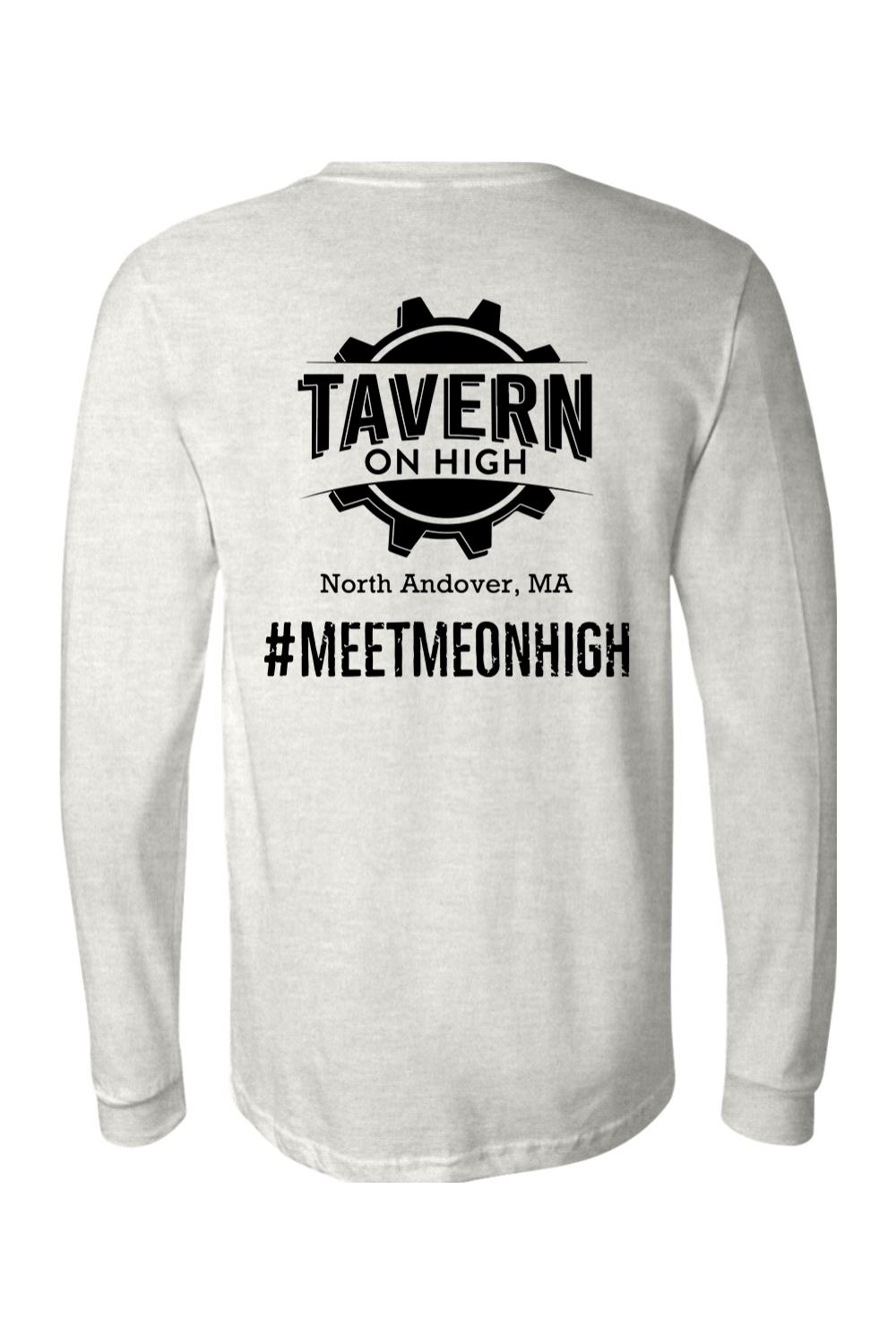 Light gray long sleeve jersey tee featuring a black Tavern on High gear logo and #MEETMEONHIGH text on the back.