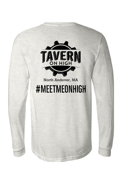 Light gray long sleeve jersey tee featuring a black Tavern on High gear logo and #MEETMEONHIGH text on the back.
