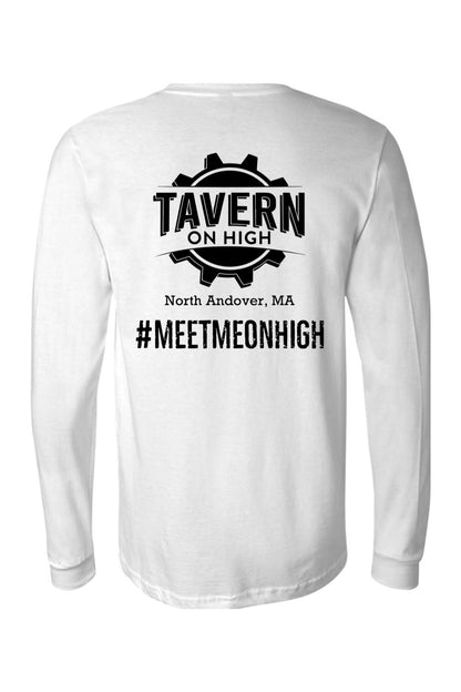 White long-sleeve cotton jersey tee featuring a black Tavern on High gear logo and #MEETMEONHIGH text on the back.
