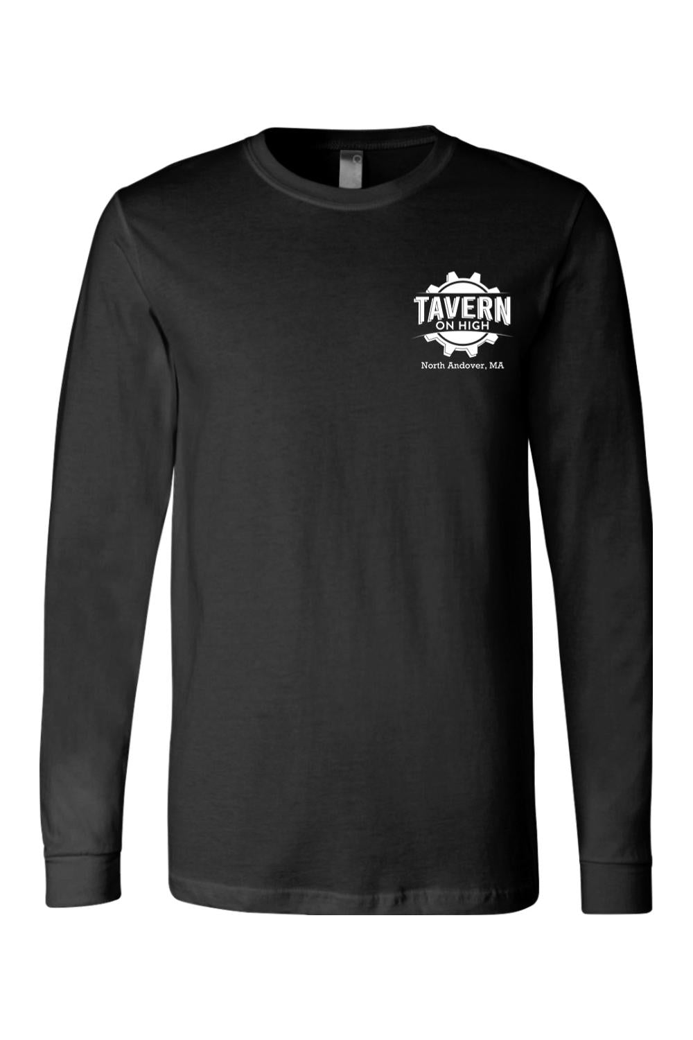 Black long-sleeve jersey tee featuring a white Tavern on High gear logo on the left chest.