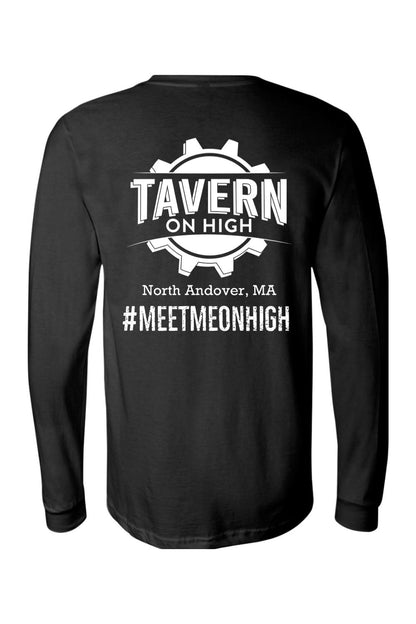 Black long-sleeve cotton jersey tee featuring a white Tavern on High gear logo and #MEETMEONHIGH text on the back.