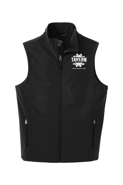 Black water-resistant men's vest with Tavern on High logo, cadet collar, and front zip pockets.
