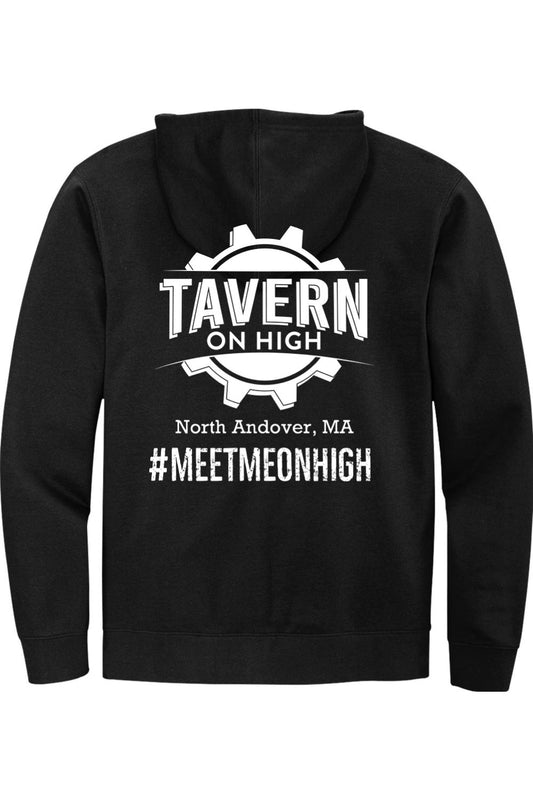 Black full-zip hooded sweatshirt featuring a white Tavern on High gear logo and North Andover, MA text on the back.