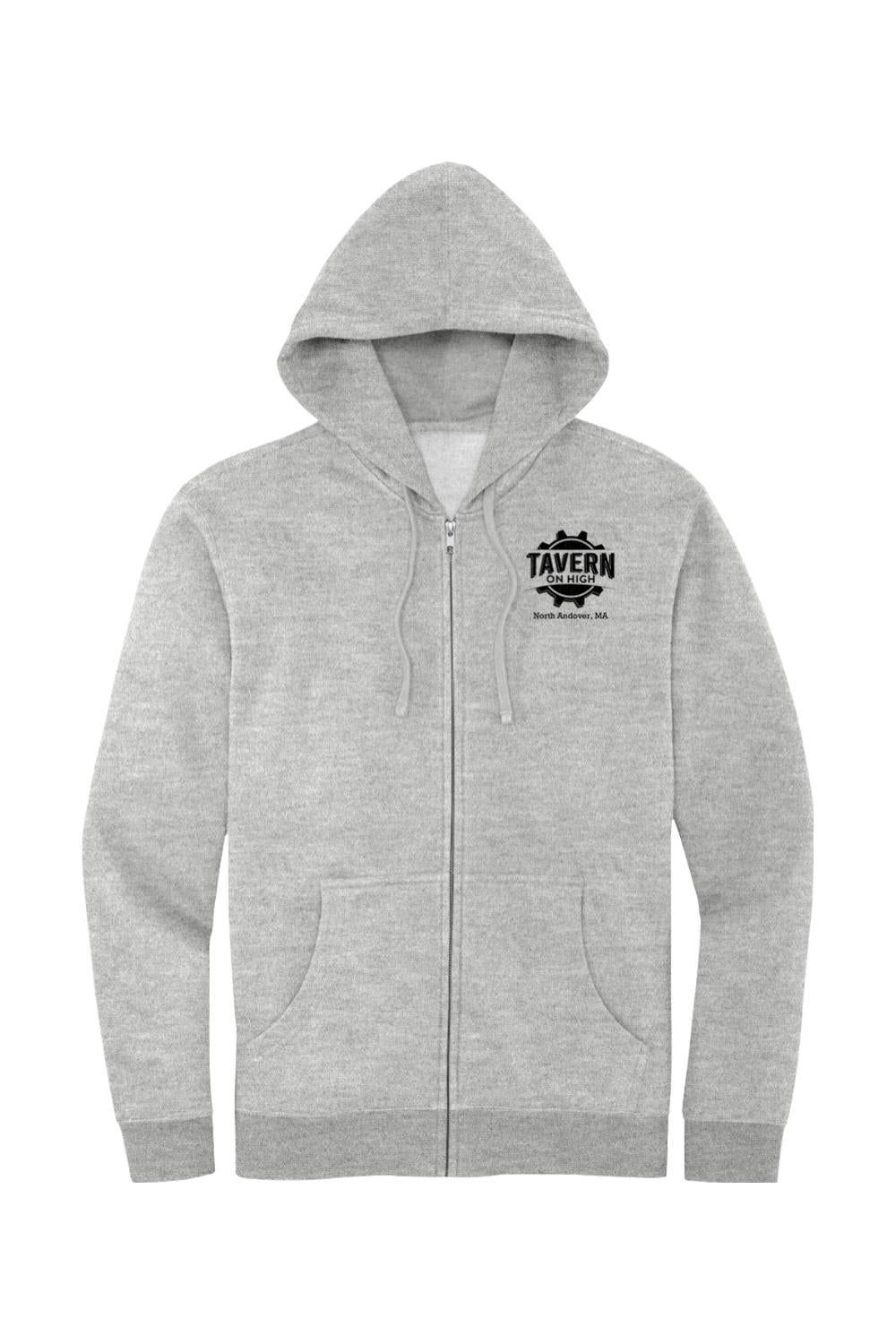 Light grey midweight full-zip hooded sweatshirt with Tavern on High logo, front pockets, and ribbed cuffs.