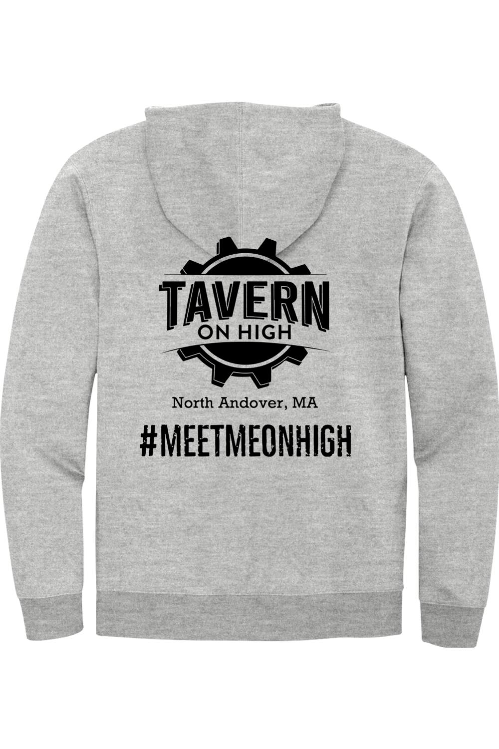 Light grey full-zip hooded sweatshirt featuring a black Tavern on High gear logo and hashtag on the back.