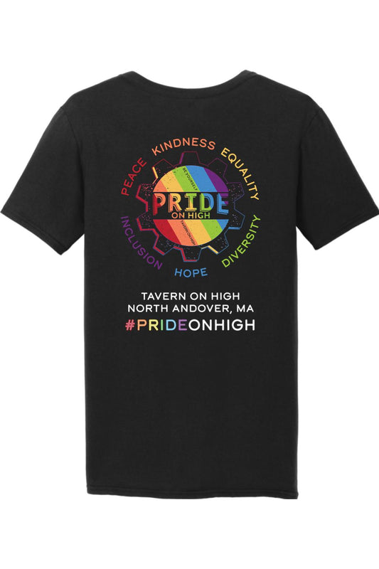 Black cotton V-neck T-shirt featuring a colorful Pride gear logo with text about peace, kindness, and equality.