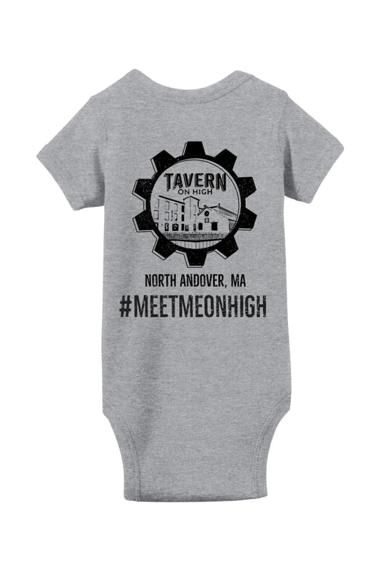 Soft grey cotton infant bodysuit featuring a black Tavern on High gear logo and North Andover, MA text.