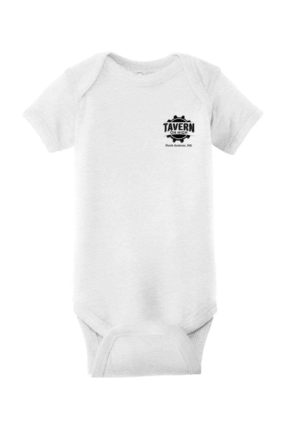 Soft white cotton infant bodysuit featuring a black Tavern on High gear logo on the chest.
