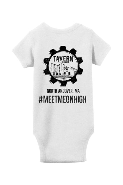 White cotton infant bodysuit featuring a black Tavern on High gear logo and #MEETMEONHIGH text on the back.
