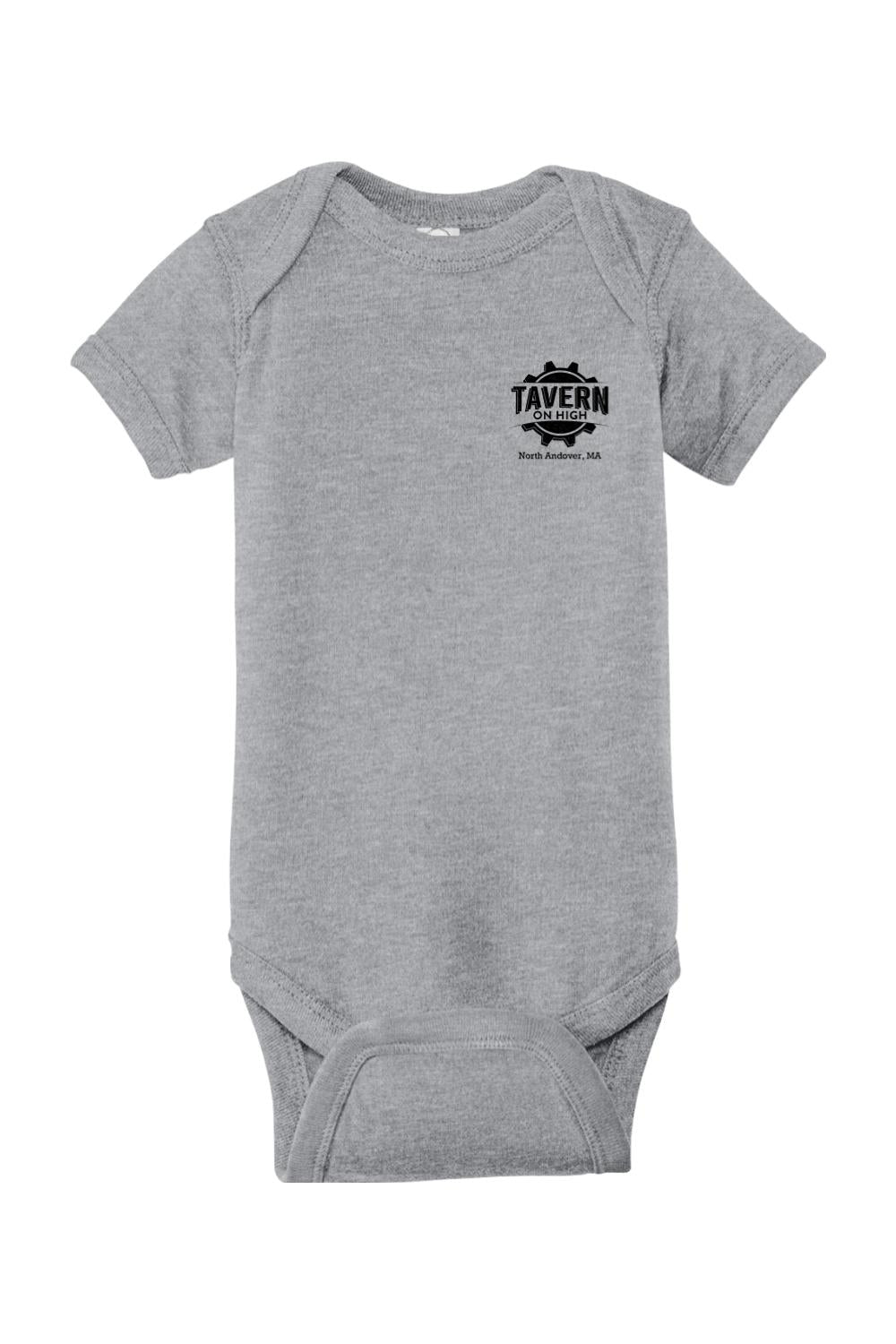 Soft heather gray cotton infant bodysuit featuring a black Tavern on High gear logo on the chest.