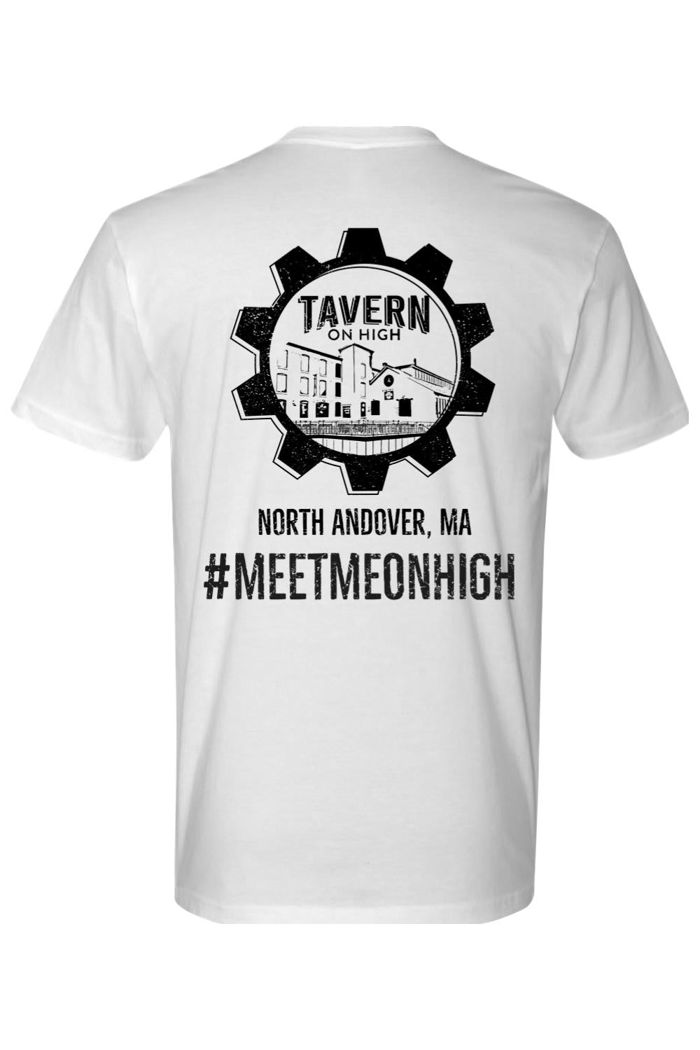 White cotton t-shirt featuring a black gear logo with Tavern on High branding and North Andover, MA text on the back.