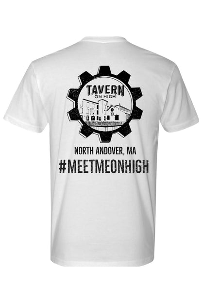 White cotton t-shirt featuring a black gear logo with Tavern on High branding and North Andover, MA text on the back.