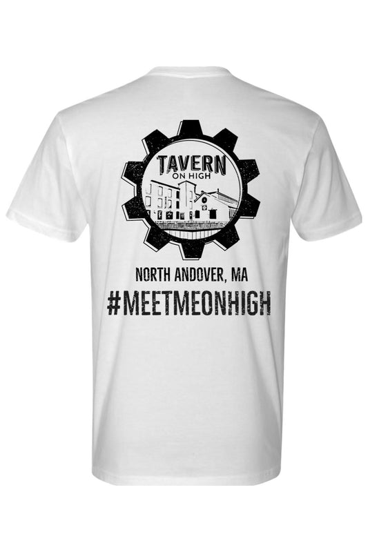 White cotton t-shirt featuring a black gear logo with Tavern on High branding and North Andover, MA text on the back.