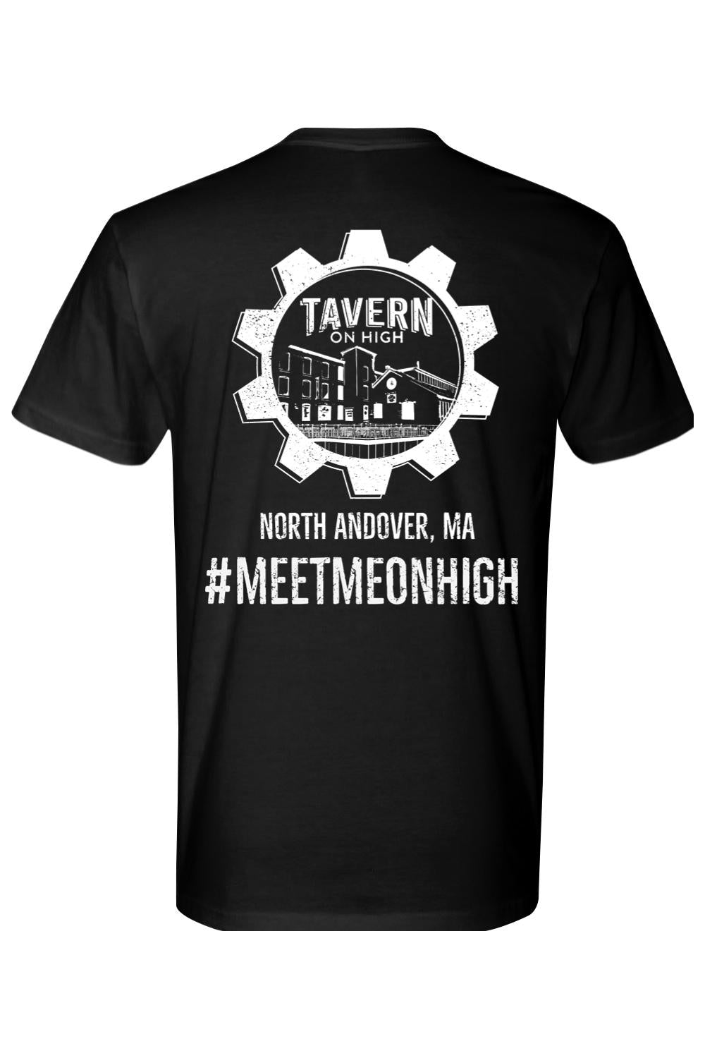 Black cotton t-shirt featuring a white gear graphic with Tavern on High branding and North Andover, MA text on the back.