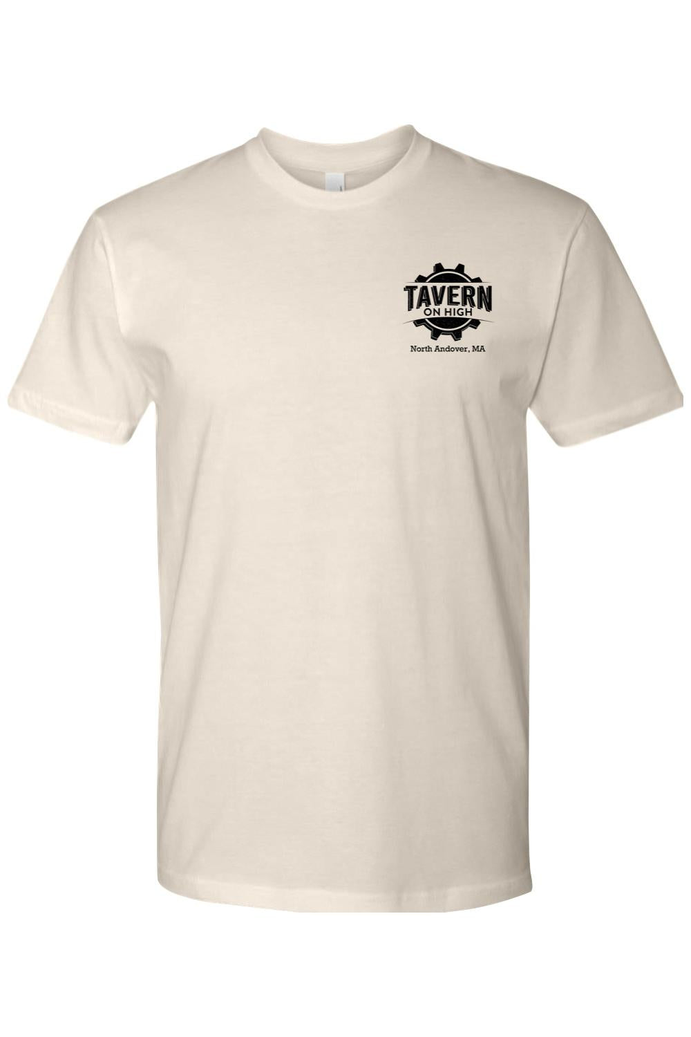 Cream-colored cotton crewneck t-shirt featuring a black Tavern on High gear logo on the left chest.