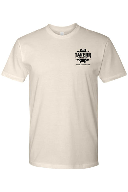 Cream-colored cotton crewneck t-shirt featuring a black Tavern on High gear logo on the left chest.