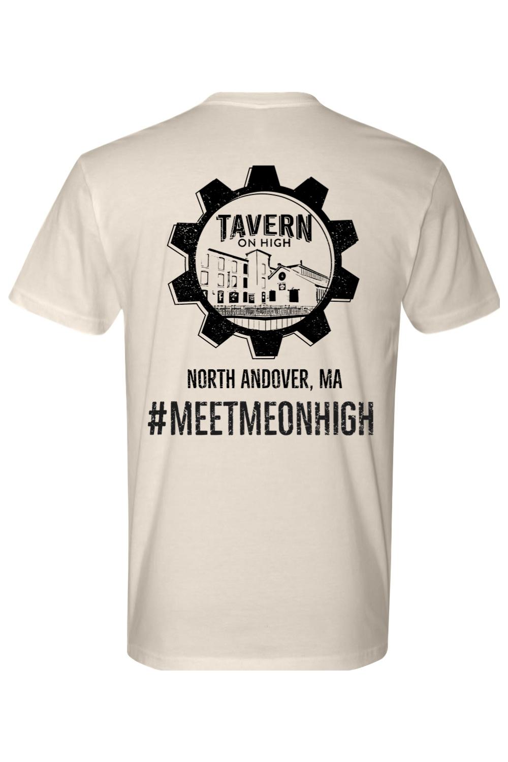 Cream-colored cotton t-shirt featuring a black gear logo, Tavern on High branding, and North Andover, MA text on the back.